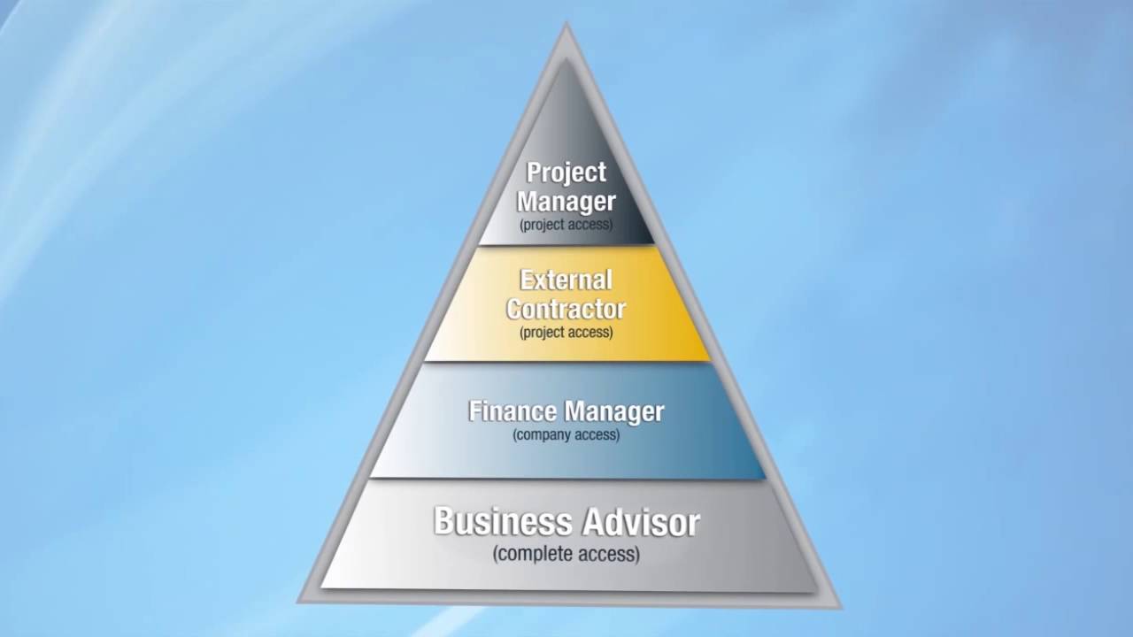 TaxTrex tiered user access pyramid: Business Advisor (complete access), Finance Manager (company access), External Contractor and Project Manager (project access)