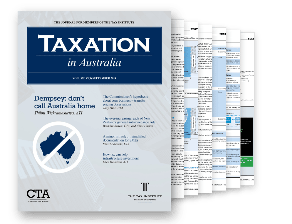 Taxation in Australia (September 2014) cover with pages of Swanson Reed’s paper “Substantiating an Experiment: The R&D Tax Conundrum” fanned behind it