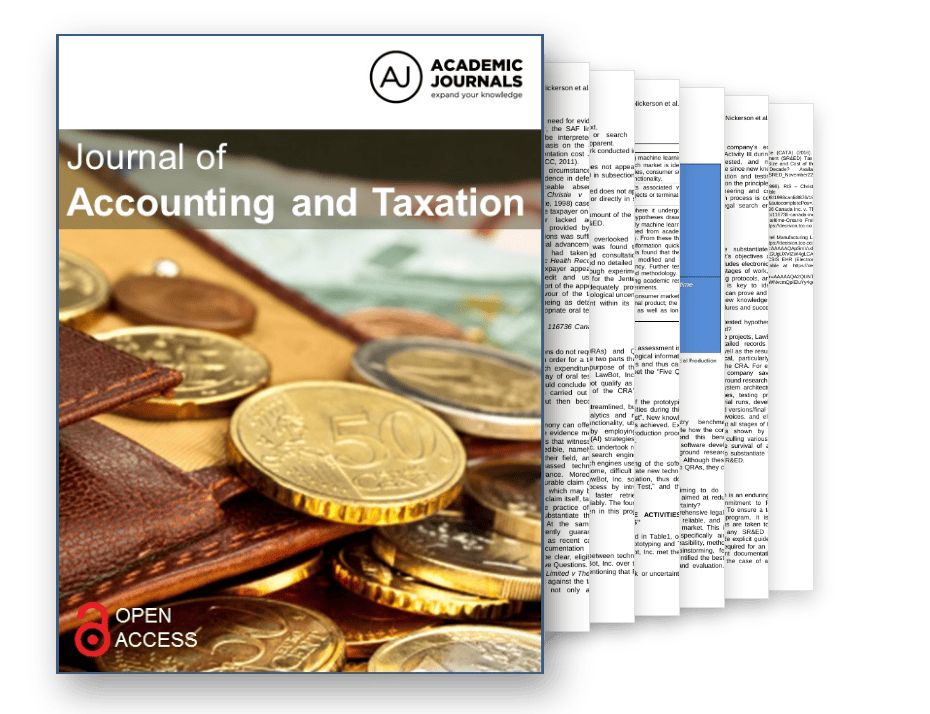 Journal of Accounting and Taxation cover with pages of Swanson Reed’s paper “Practical Documentation of Qualifying Research Activities for the SR&ED Tax Credit” fanned behind it