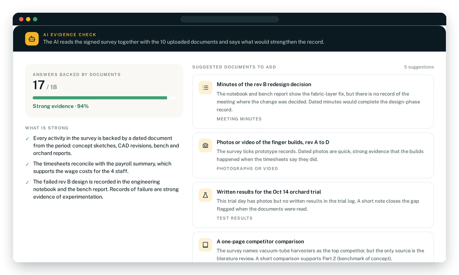 AI evidence check with suggested documents to add