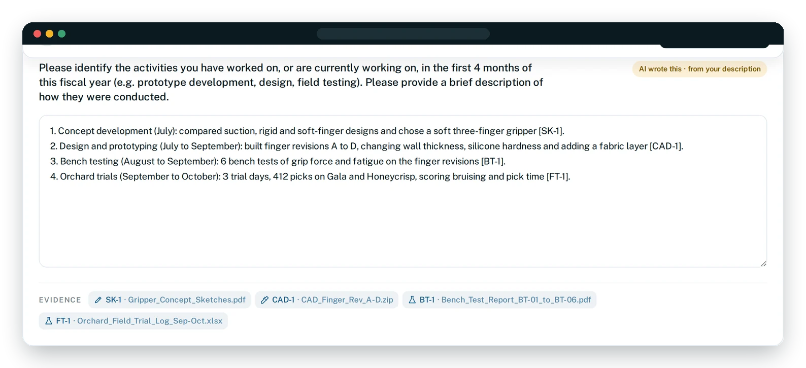Completed survey answers marked as written from the description or ticked from documents