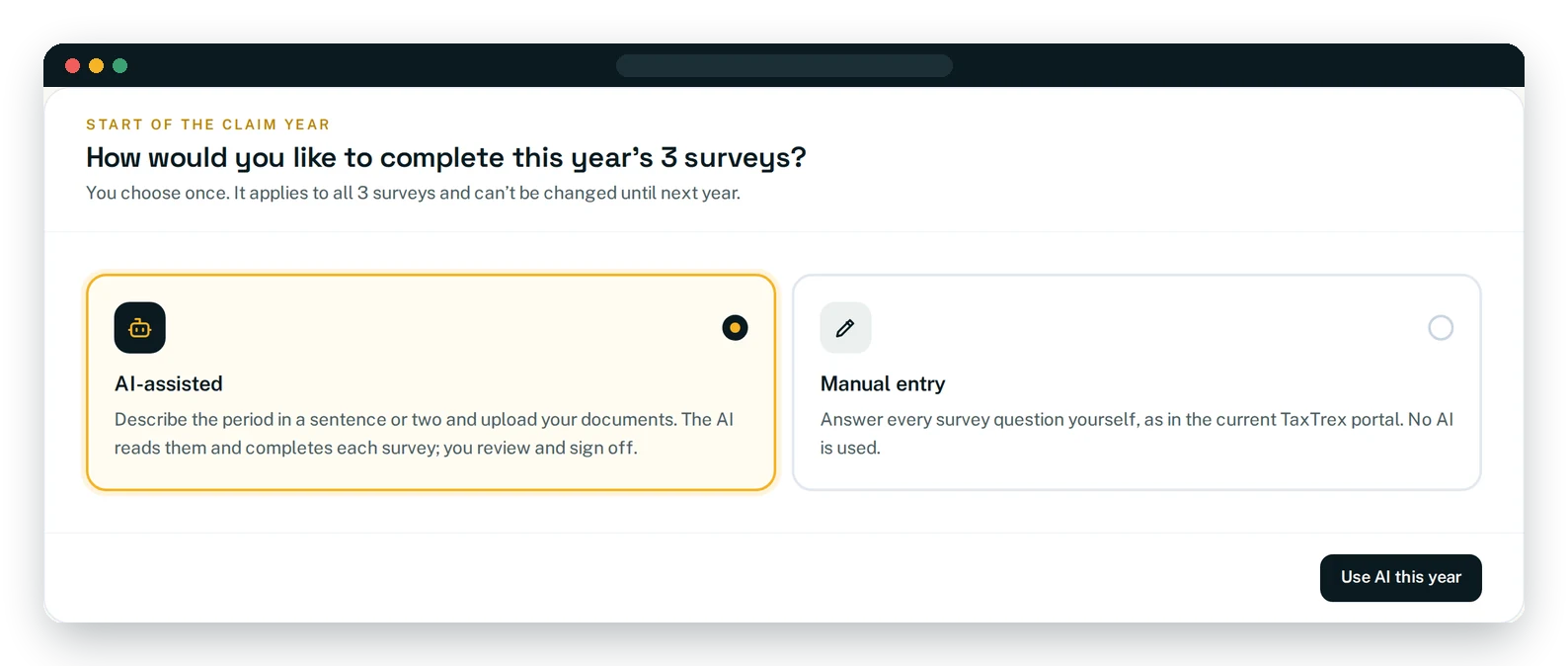 Choosing AI-assisted or manual entry for the claim year