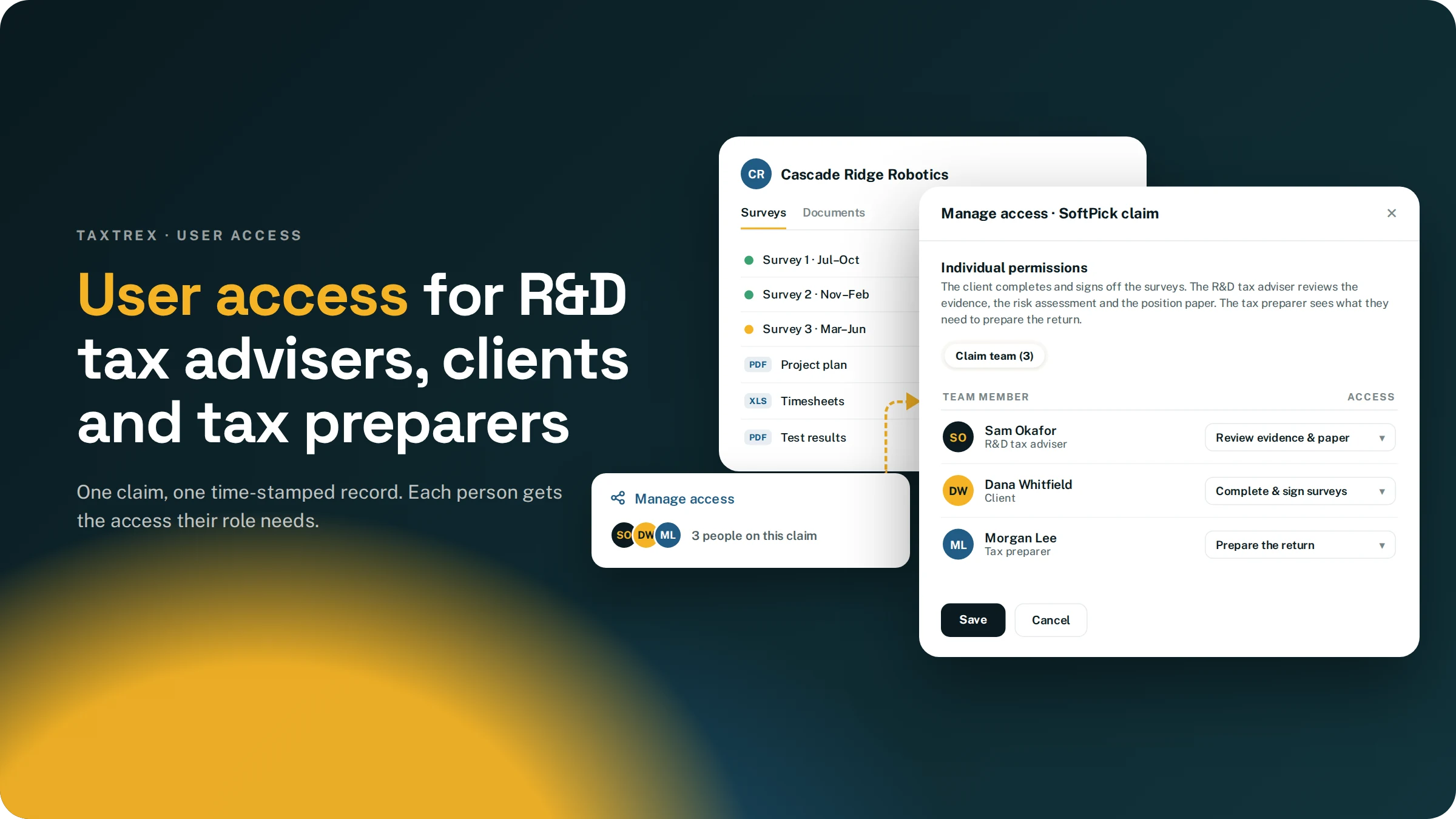 User access for R&D tax advisers, clients and tax preparers: each person gets the access their role needs