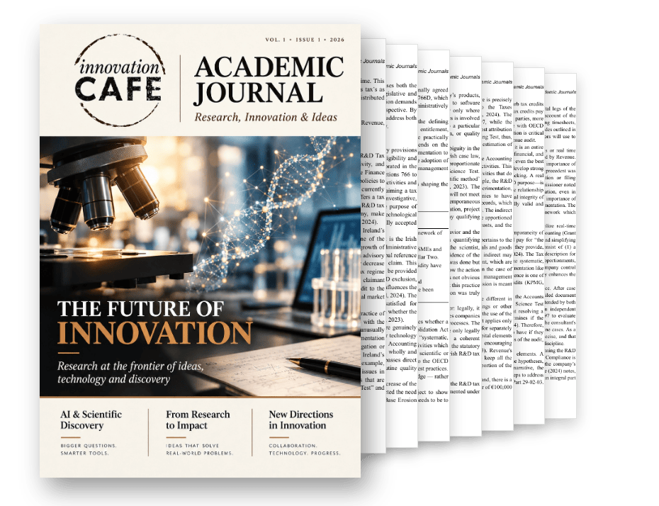 innovation.CAFE Academic Journal cover with pages of Swanson Reed’s paper “Developing a Substantiation Strategy for the Irish R&D Tax Credit” fanned behind it