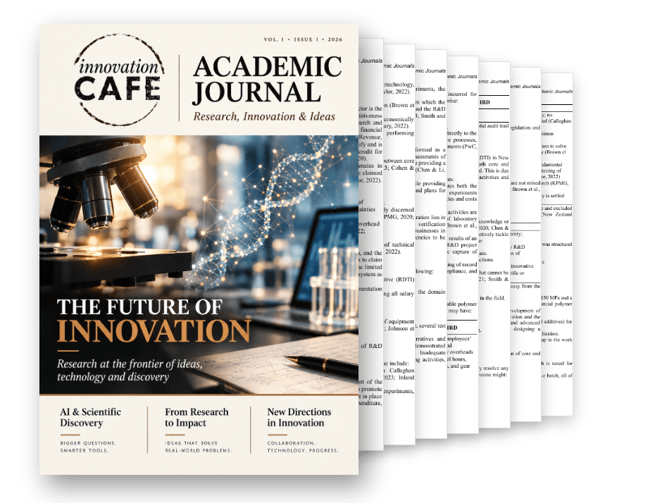 innovation.CAFE Academic Journal cover with pages of Swanson Reed’s paper “Practical Documentation Strategies for Substantiating RDTI Claims in New Zealand” fanned behind it
