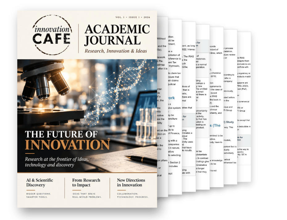 innovation.CAFE Academic Journal cover with pages of Swanson Reed’s paper “Practical Documentation for Substantiating R&D Tax Claims in Singapore” fanned behind it