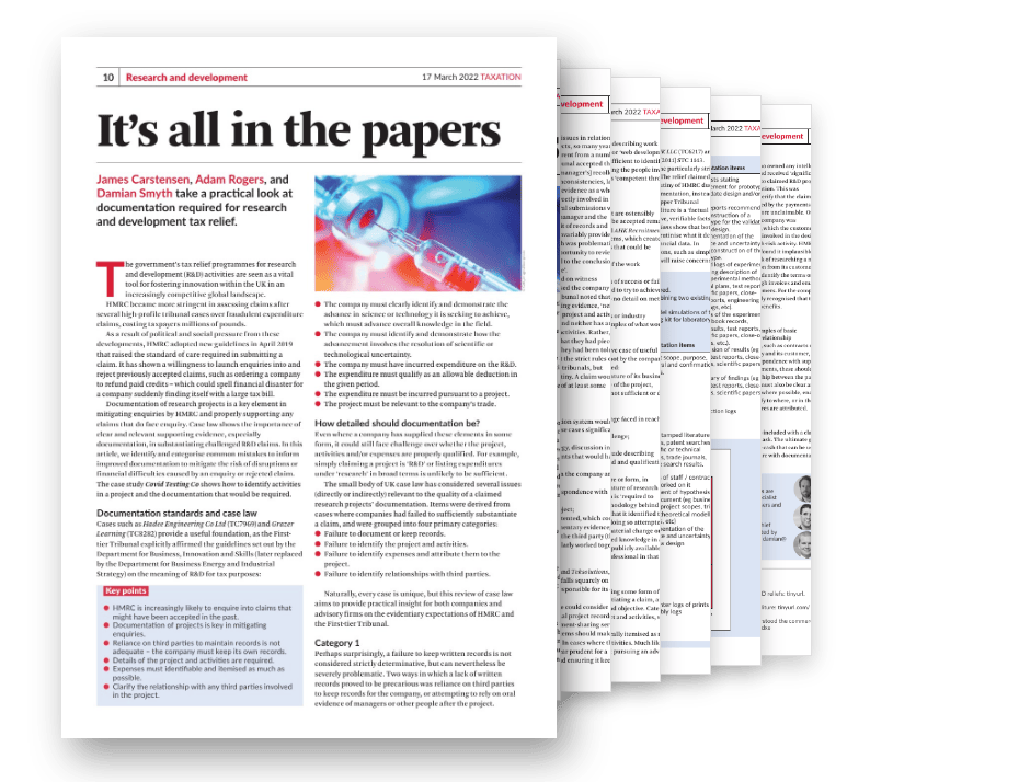 Taxation (17 March 2022) cover with pages of Swanson Reed’s paper “It’s all in the papers” fanned behind it
