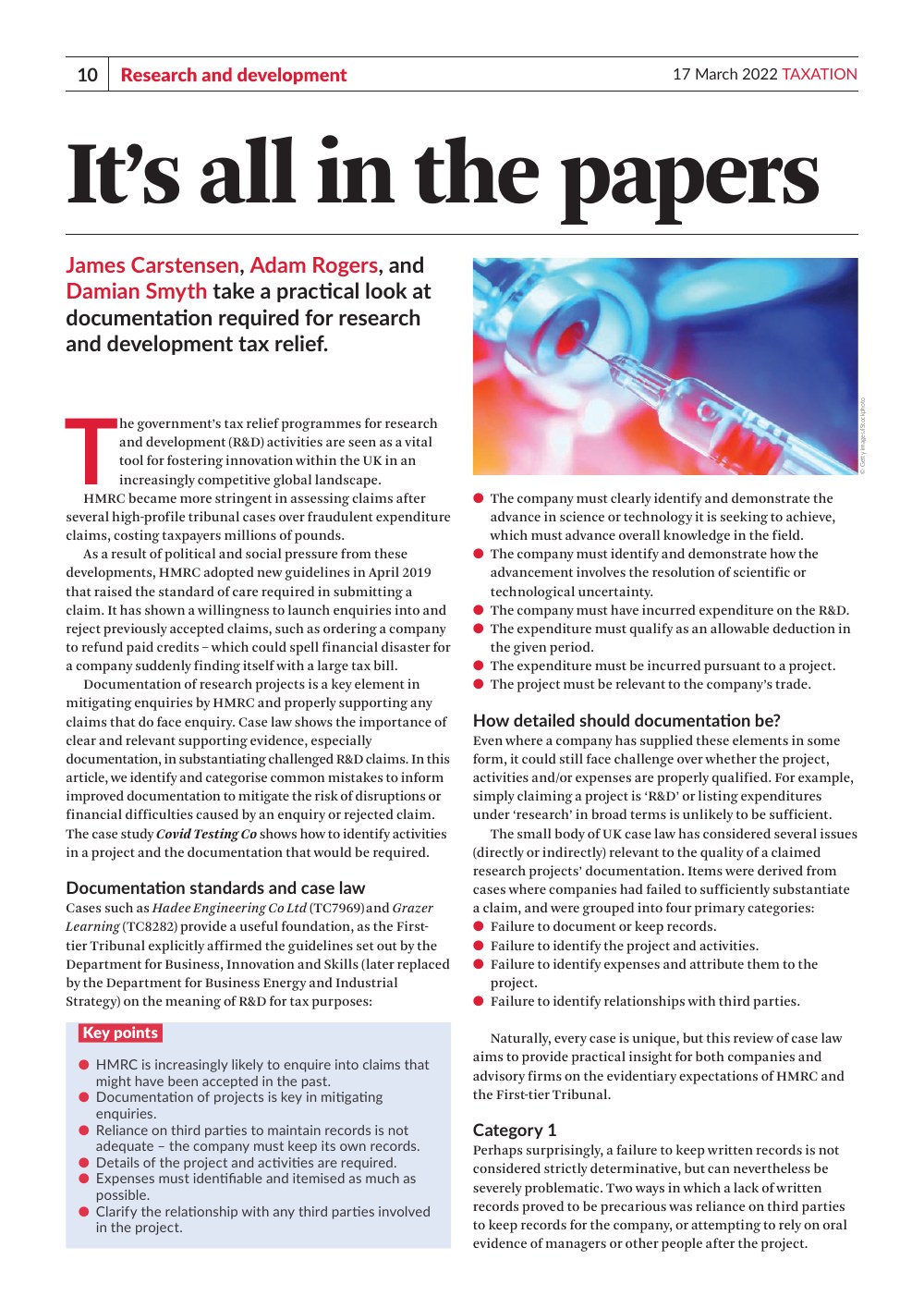 TAXATION, 17 March 2022 — first page of “It’s all in the papers”, Swanson Reed’s paper on documentation for R&D tax relief